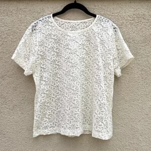 Vintage Cream Stretch Lace Sheer Short Sleeve Blouse L